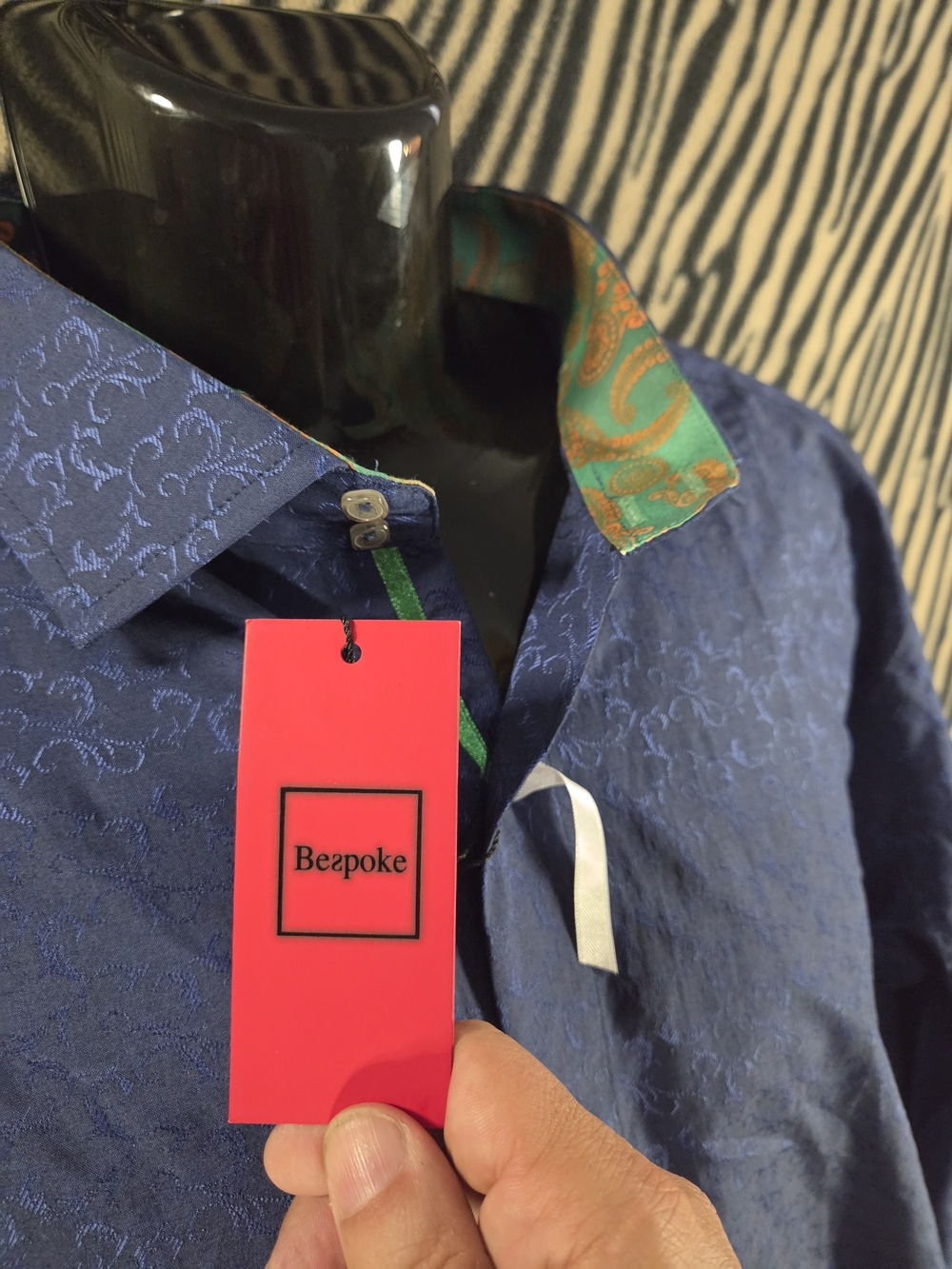 Bespoke Navy Blue Embossed Pattern Button-up Contrast Paisley Collar and Cuffs